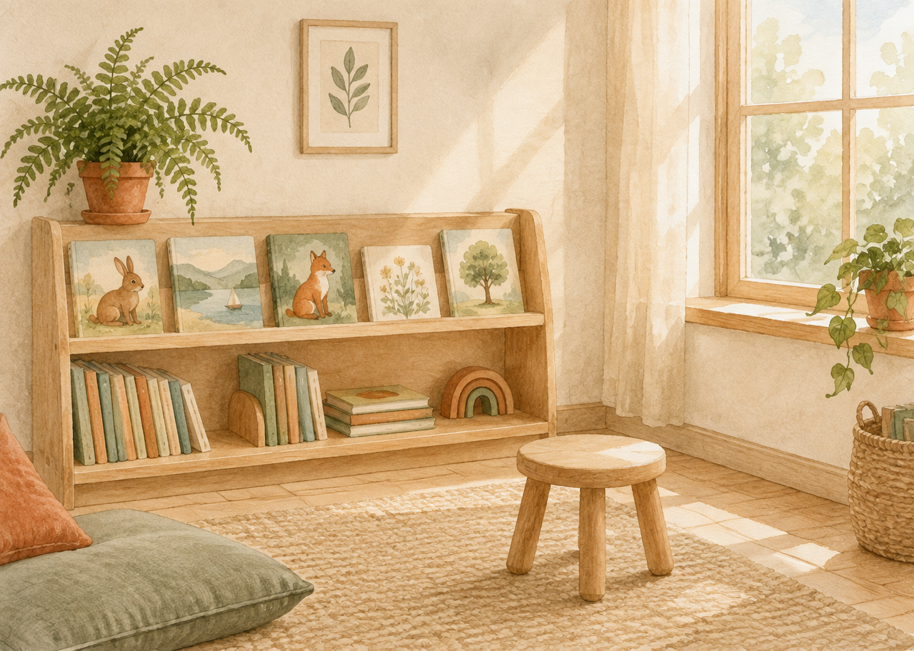 A calm reading corner with a wooden bookshelf of picture books
