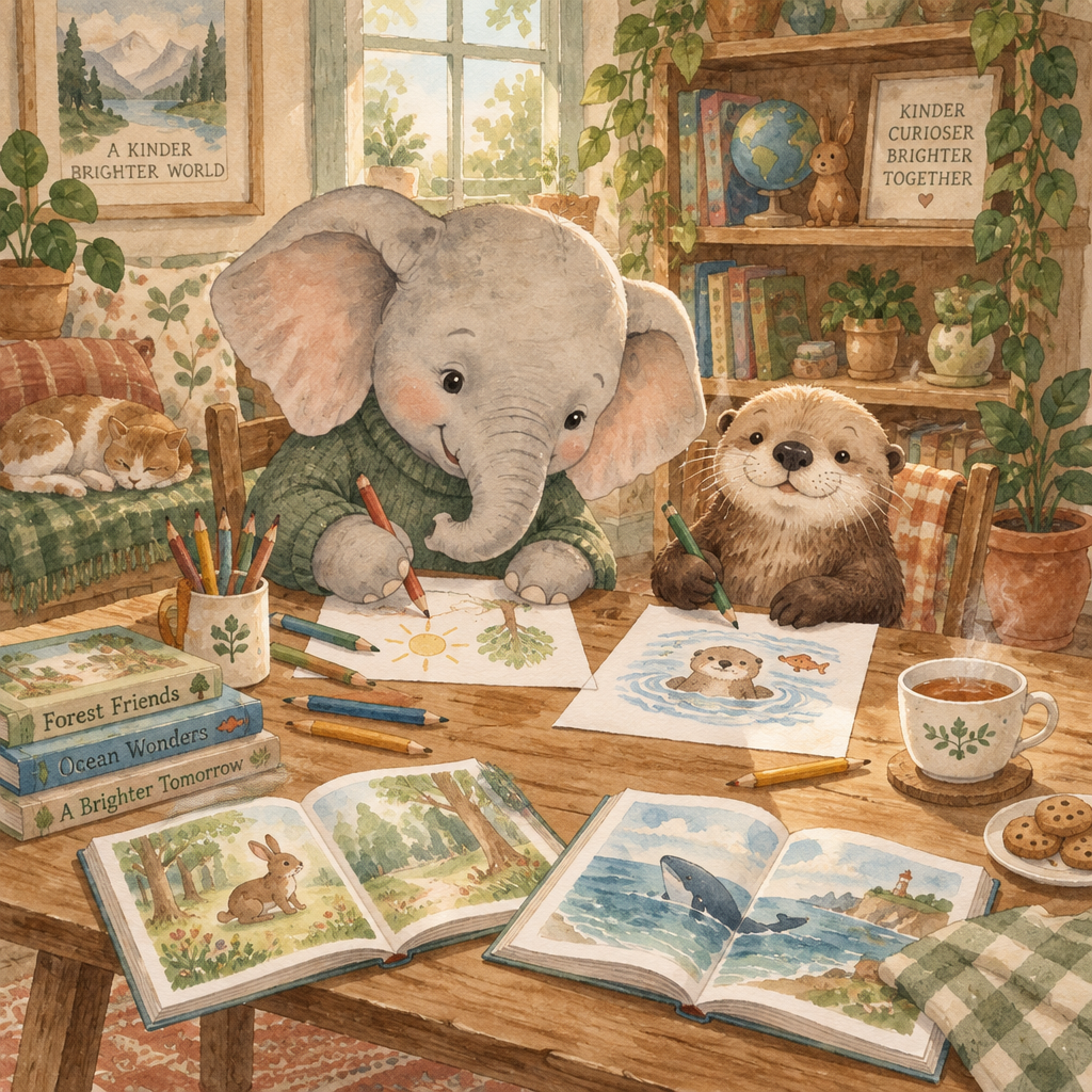 A gentle elephant and a sea otter drawing pictures together at a wooden table